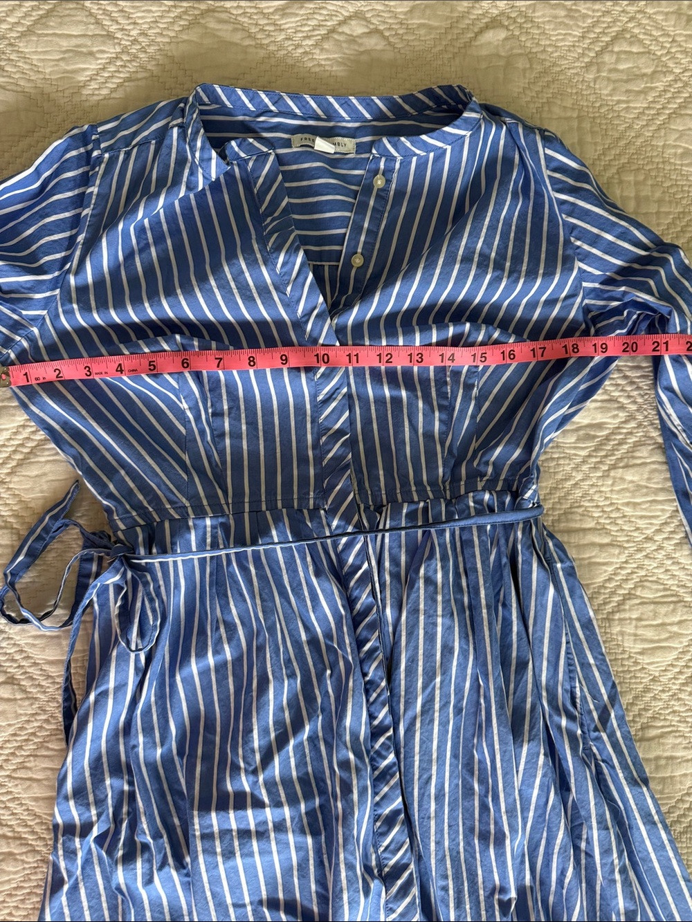 Free Assembly Pleated Belted Midi Shirtdress Long Sleeves Blue White Striped SzM - Picture 8 of 12